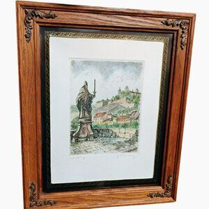 Vintage Wurzburg Etching, Hand Colored & Signed German Artwork In Wooden Frame